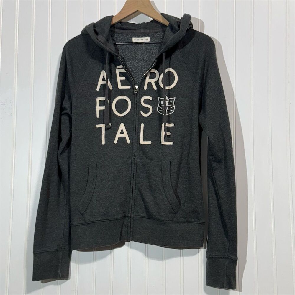 Aeropostale Full Zip Hoodie Men’s L Gray Spellout Logo Sweatshirt Jacket Y2K
